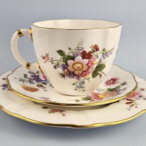 Vintage Royal Crown Derby Posies Trio Tea Set, Bone China, Gold Trim (Red Marks)