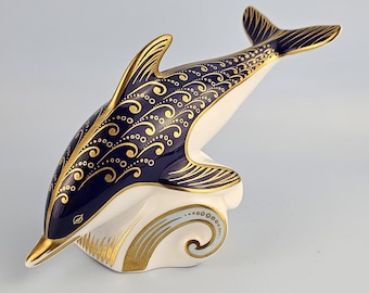 Royal Crown Derby Imari Delphin Briefbeschwerer, Kobalt Blau Gold Bone China (1989)