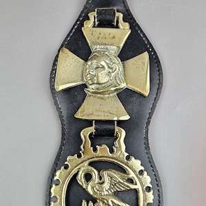 Antique Horse Leather Strap with Brass Badges Collectible. 26.5 cm