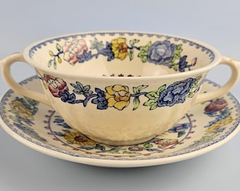 Mason's Suppenschüssel, zwei Griffe und Untertasse, Regency-Muster. Vintage Sammler Keramik.