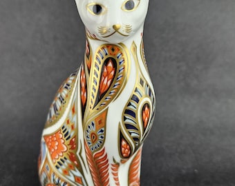 Pisapapeles Royal Crown Derby con diseño de gato siamés, patrón Imari. Tapón dorado. Vintage.