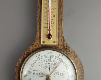 Oak Banjo Style Aneroid Barometer with a Built-in Thermometer, Vintage Home Decor.
