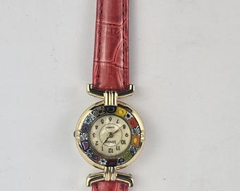 Lady Wristwatch Millefiori Murano Glass Quartz Movement Red Leather Strap. Vintage.