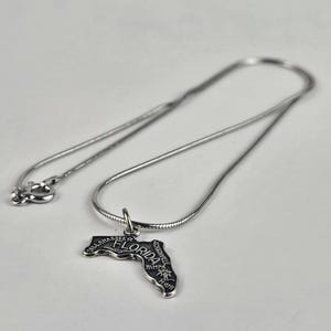Zilveren hanger met kaart van de staat Florida en vintage zilveren ketting. 44 cm