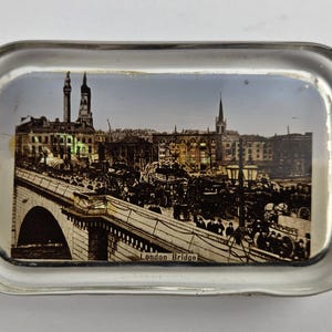 Antique Glass Paperweight featuring New London Bridge, Rectangular Shape, Collectible Art Glass.
