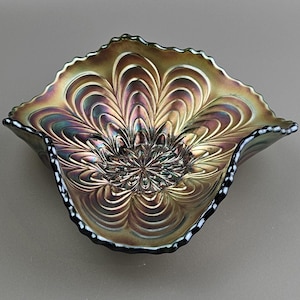 Fenton Carnival Glass.  Pin Dish, Peacock Pattern. Green Iridescent. Collectible. Antique.