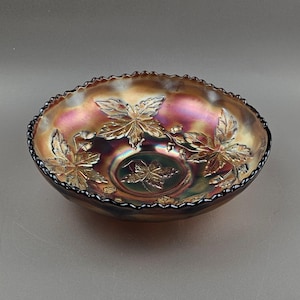 Fenton Glass Sawtooth Edge Bowl Autumn Acorns & Leaves Pattern Carnival Glass Vintage