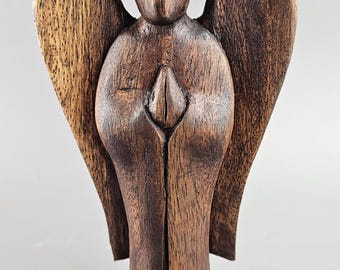 Wooden Abstract Angel Figurine Made of Rosewood, Hand-Carved, Vintage, 13 cm Tall