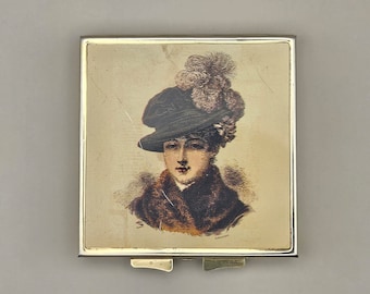 Brass Compact Powder Box with Mirrors, Victorian Style, Antique.