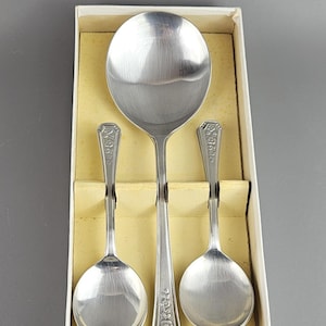 Vintage Soup Spoons & Serving Spoon Set of 6 in Silver-Plated.Collectible.