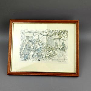 Framed Print by Anton Pieck, &quot;The Flower Stall&quot; Scene. 1970 Vintage