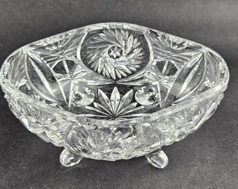 Art Deco Lead Crystal Footed Bowl, Whirling Star Design. Vintage Glassware.