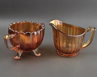 Imperial Karneval Glas. Zucker & Milchkännchen Set. Säule Flöten Muster. Ringelblume. Sammlerstück. Jahrgang.