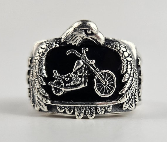 Vintage Sterling Silver Motorcycle Ring, Eagle Bl… - image 1