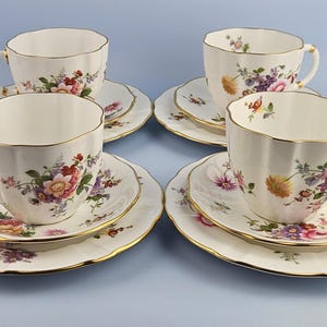 Vintage Royal Crown Derby Posies Trio Tea Set of Four, Bone China (Red Marks)