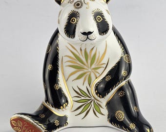 Royal Crown Derby Giant Panda Paperweight, Imari-Style. Gold Stopper. Vintage.