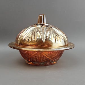Glass Butter Dish Split Diamond Pattern Sowerby Carnival Glass Marigold Vintage