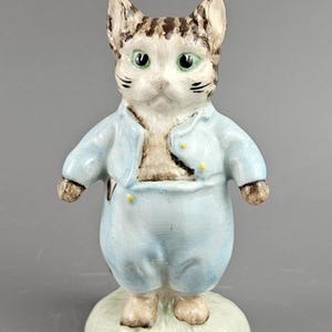 May include: A ceramic cat figurine dressed in a light blue outfit with yellow buttons. The cat has a white face, green eyes, and brown tabby markings. It stands on a green, grassy base. A decorative item.