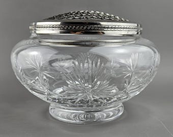 Cuenco de cristal con rosas, cristal tallado estilo bohemio, diseño de piña, coleccionable vintage