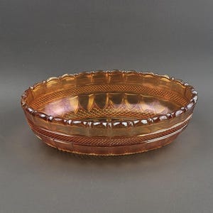 Imperial Glass Oval Bowl &quot;Diamond&quot; Pattern Carnival Glass Marigold Antique