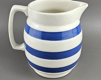 Staffordshire Ironstone Chef Ware Blue and White Striped Milk Jug 11 cm Tall Vintage.