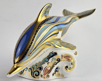 Pisapapeles Royal Crown Derby con delfín rayado, tapón de plata, artículo de colección vintage.