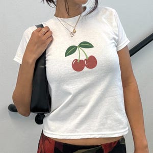 Cherry Y2K Baby Tee, Vintage 90s Shirt, Graphic Coquette Cherries Print, Retro Style Cropped T-Shirt, Cherries Fitted Tee, Summer Crop Top