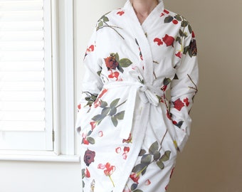 Dressing gown - bath robe in 100% Egyptian cotton with floral rose print & cotton towelling lining