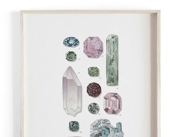 Mineralien & Edelsteine - Wissenschaftliche Illustration. Wunderschön strukturierter Kunstdruck auf Leinwand. Großformatige Kunst