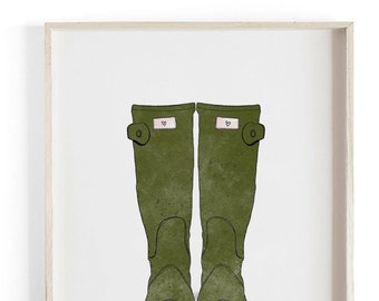 Hunter Green- Rain Boots - Beautifully textured cotton canvas art print. Order as a 5x7 8x10 11x14 or 16x20 size.