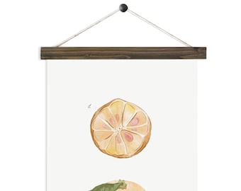 Kumquat Study vol.2- Pine watercolor wall hanging, wood trim art printed on textured cotton canvas. Vintage Scientific Poster chart