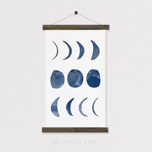 Moon watercolor wall hanging tapestry, wood trim art printed on textured cotton canvas. Vintage Scientific Poster chart