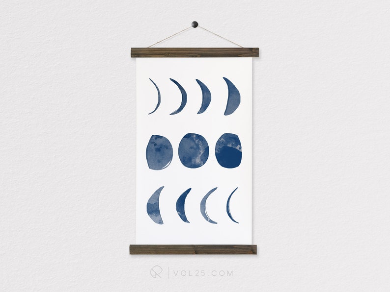 Moon watercolor wall hanging tapestry, wood trim art printed on textured cotton canvas. Vintage Scientific Poster chart image 1