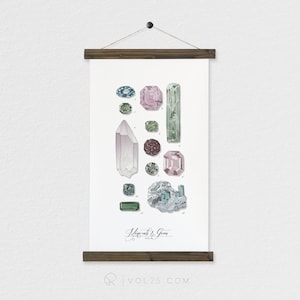 Minerals & Gems jewels, rock watercolor wall hanging, wood trim art printed on textured cotton canvas. Vintage Science Poster chart Vol.2 image 1