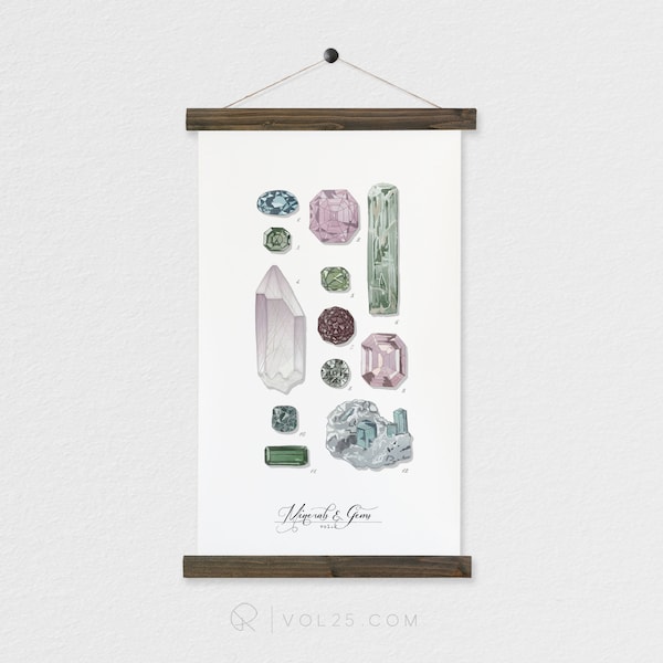 Minerals & Gems - jewels, rock watercolor wall hanging, wood trim art printed on textured cotton canvas. Vintage Science Poster chart Vol.2