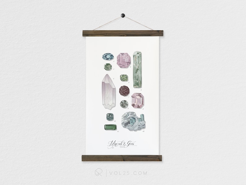 Minerals & Gems jewels, rock watercolor wall hanging, wood trim art printed on textured cotton canvas. Vintage Science Poster chart Vol.2 image 1