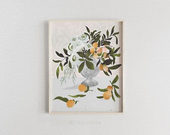 Citrus art kitchen | ranunculus painting | cottagecore artwork | Orange canvas art print