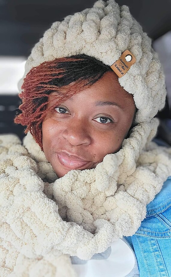 Handmade Chunky Knit Cream and Silver Beanie and Scarf Set 100% Wool il_1080xN.5451035079_iz0o.jpg main image 2