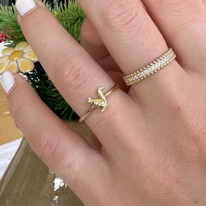 以下が含まれることがあります： 指に2つの金の指輪。1つの指輪は小さなダイヤモンドがついた細いバンド。もう1つの指輪は、小さな鳥の細かなデザインが施されています。