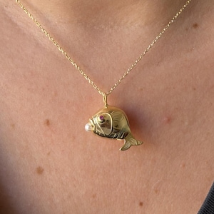 14k Gold Fish Pendant Necklace, Pearl Accent, Ruby Eye, Ocean Marine Jewelry