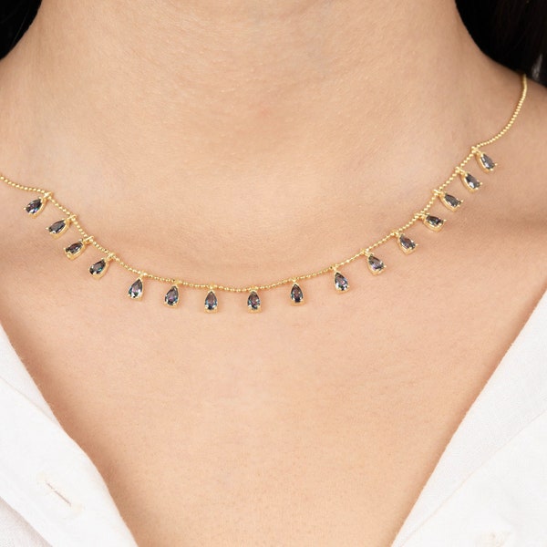 Collar de alejandrita en forma de lágrima en oro de 14 k, collar con piedras preciosas, collar con piedras de nacimiento, gargantilla, regalo de aniversario, regalo para el Día de la Madre