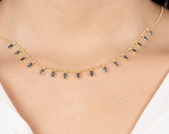 14k Gold Teardrop Alexandrite Station Necklace, Gemstone Necklace, Birthstone Necklace, Choker Necklace, Anniversary Gift, Mother's Day Gift