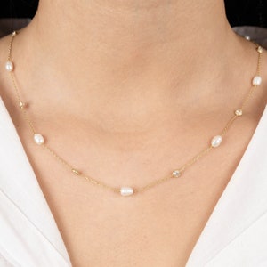 14k Gold Diamonds and Pearls by the Yard Necklace, Dainty Diamond Station Necklace, Dainty Pearl Necklace, Wedding Necklace, Bridesmaid Gift