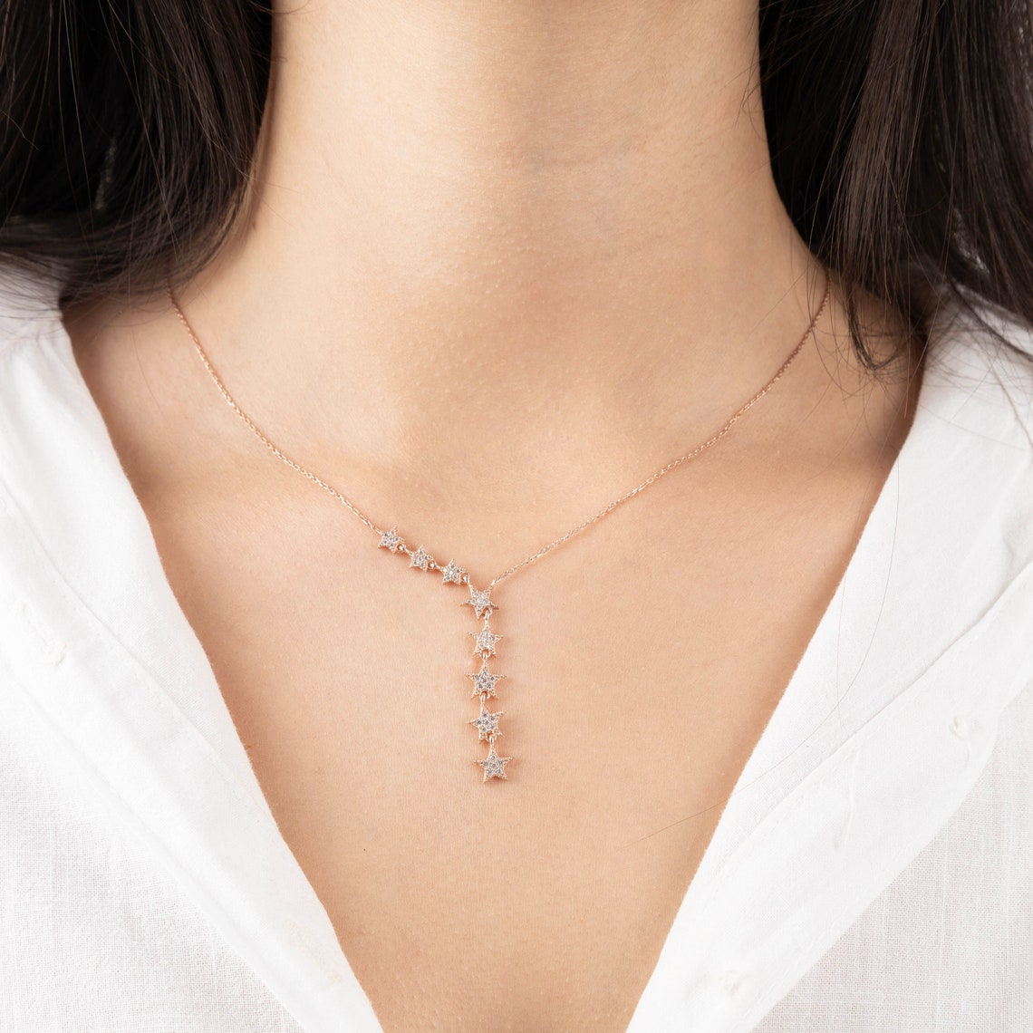14k Gold Diamond Star Necklace Y Shape Drop Star Necklace Dainty Lariat ...