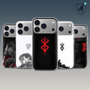 May include: Five phone cases with different designs. The cases display black and white manga illustrations and red symbols. One case has the text "YOU'RE TOO FAR FROM GOD."