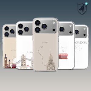 Könnte beinhalten: Fünf Handyhüllen mit London-Motiven. Sie zeigen Big Ben, das London Eye, die Tower Bridge, einen roten Doppeldeckerbus und den Schriftzug "London". Helles Beige.