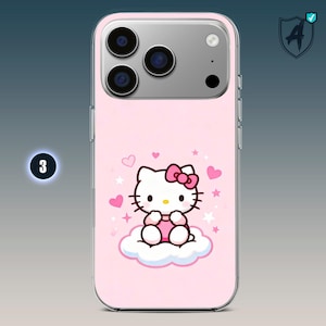 May include: Pink phone case featuring a Hello Kitty design. The case has a clear border and a pink background with hearts, stars, and a cartoon Hello Kitty character wearing a pink bow. The phone case has a silver camera area.