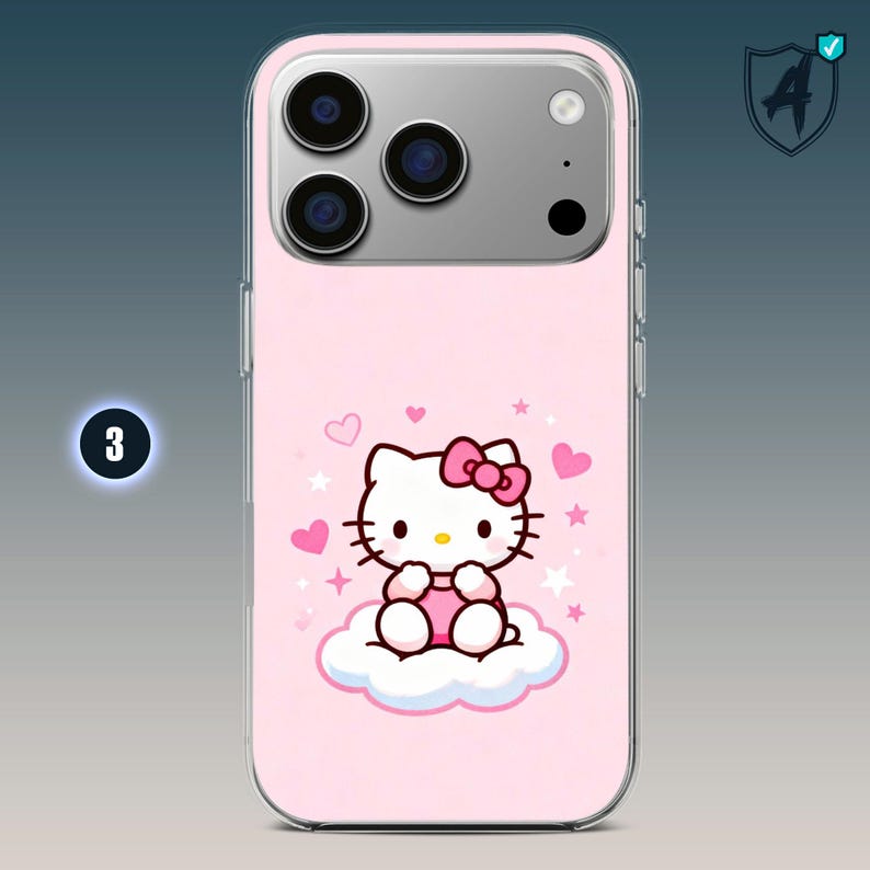 May include: Pink phone case featuring a Hello Kitty design. The case has a clear border and a pink background with hearts, stars, and a cartoon Hello Kitty character wearing a pink bow. The phone case has a silver camera area.