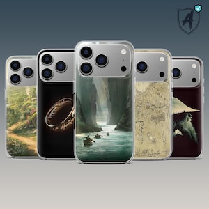 May include: A collection of five clear phone cases featuring various designs. The designs include a landscape, a gold ring, a river scene with boats, a map, and a silhouette of a wizard. The cases have a silver camera module.