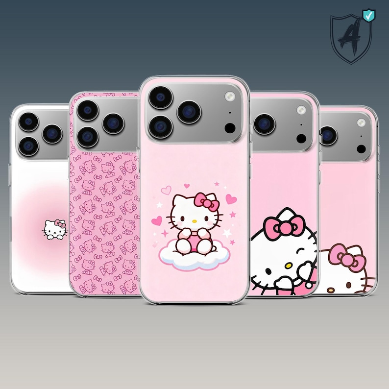 May include: Pink phone cases featuring Hello Kitty designs. The cases showcase various illustrations of the character, including a design with hearts and a cloud. The cases have a clear border and a silver camera area.